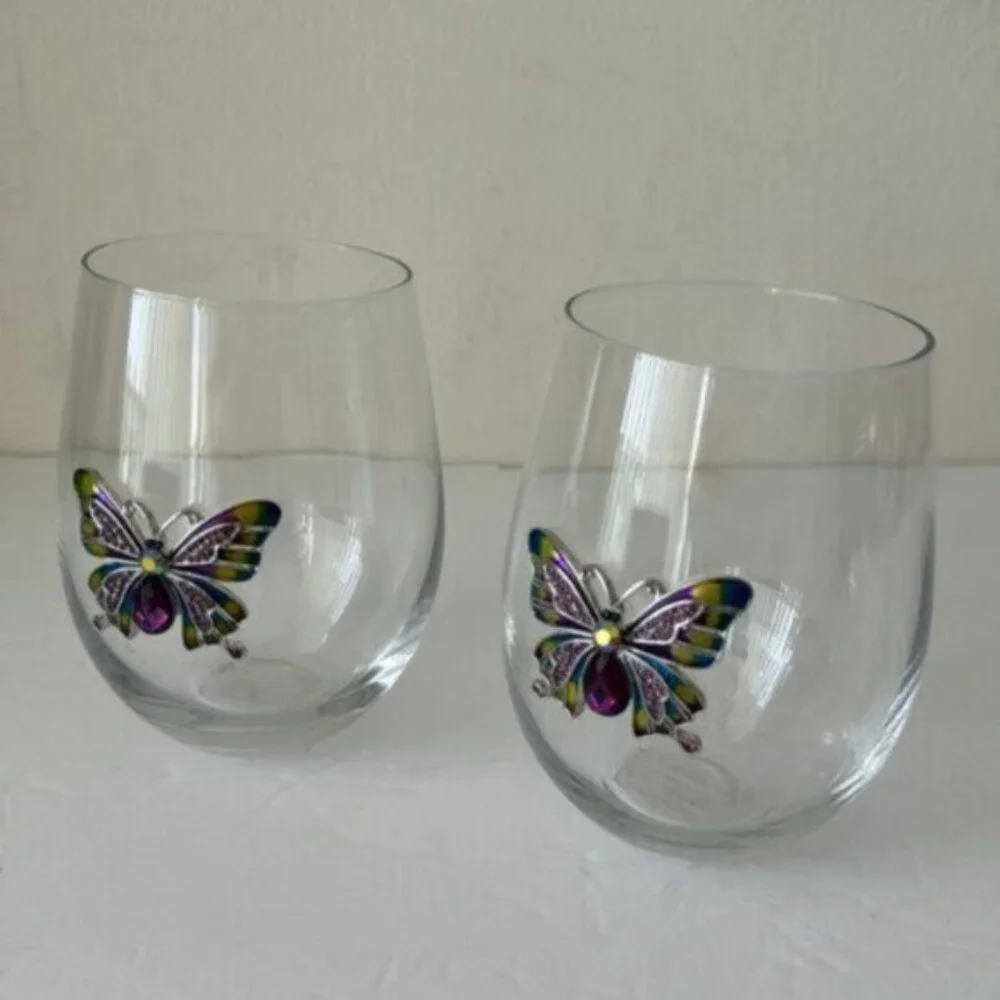 RACHEL ZOE 2 pc Jewel stemless wine glasses W gem and rhinestone butterfly